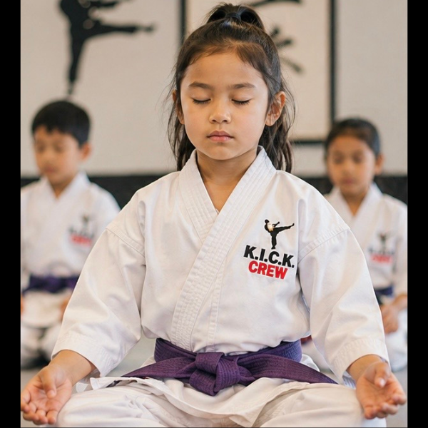 A student concentrating deeply during a kata form